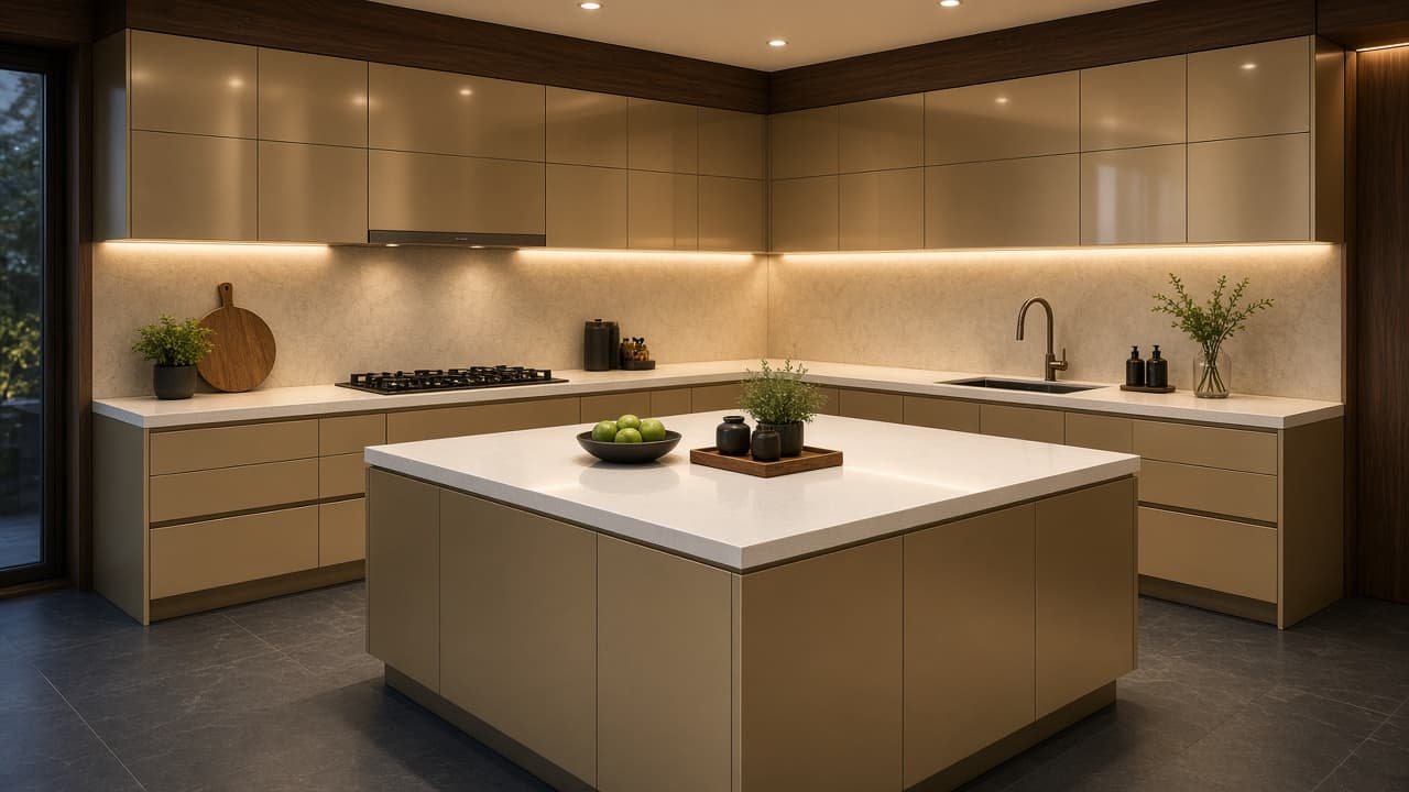 Live 3D kitchen design render with island and wall cabinets